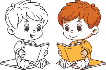 coloring page simple drawing of cartoon character reading a book in library , coloring book