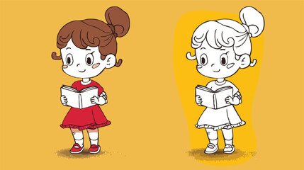 coloring page simple drawing of cartoon character reading a book in library , coloring book