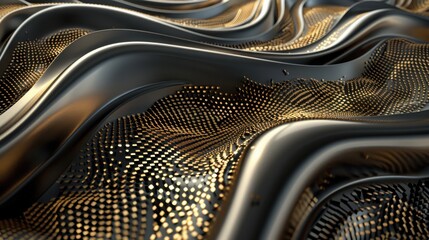 Abstract design featuring smooth, flowing waves with a blend of metallic textures in black and gold tones.