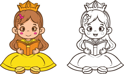 coloring page simple drawing of cartoon character reading a book in library , coloring book