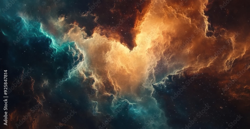 Poster a vibrant dynamic space scene with swirling colorful clouds and stars alongside different particles 