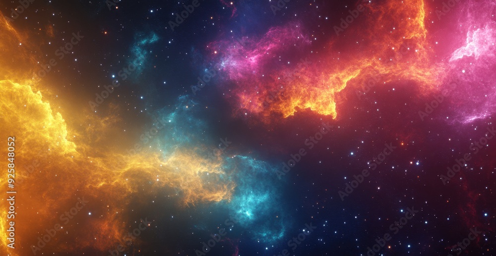 Wall mural a vibrant dynamic space scene with swirling colorful clouds and stars alongside different particles 