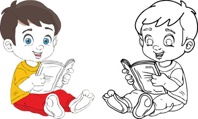 coloring page simple drawing of cartoon character reading a book in library , coloring book