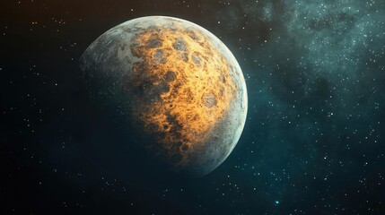 Fototapeta premium A captivating view of a distant planet highlighting its rugged surface and celestial surroundings in deep space.