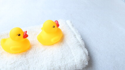 お風呂のアヒルニ匹カンケ中とタオル