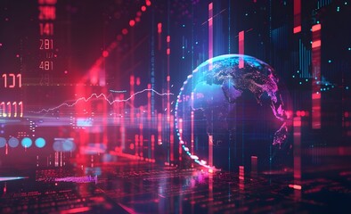 Fototapeta premium A digital globe with global financial data points, surrounded by dynamic graphs and numbers in red and blue hues. 