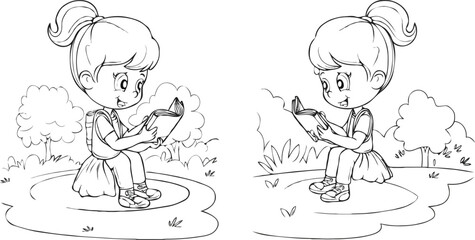 coloring page simple drawing of cartoon character reading a book in library , coloring book