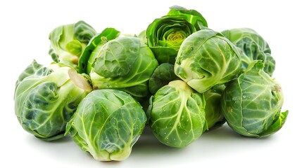 Fototapeta premium Autumn Brussels sprouts, fresh and green, isolated on white.