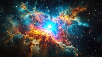 A stunning cosmic nebula vivid in color, showcasing the beauty of the universe with swirling gases and stellar formations.