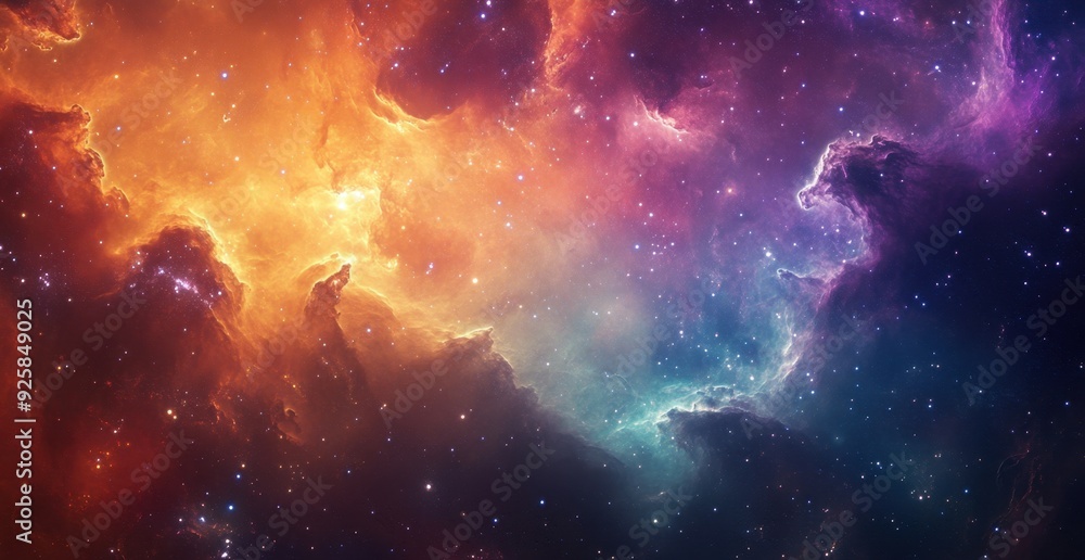 Wall mural a vibrant dynamic space scene with swirling colorful clouds and stars alongside different particles 