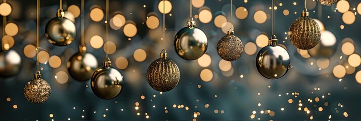 A luxurious design with hanging golden ornaments and twinkling lights along the top edge, providing a sophisticated backdrop for a Christmas sale announcement