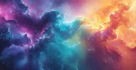 A vibrant dynamic space scene with swirling colorful clouds and stars alongside different particles resembling a nebula with glowing scenic colors, illustration 