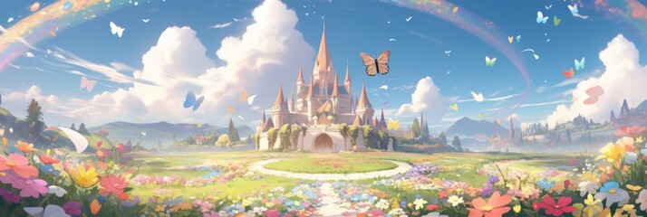 Vibrant Garden Panorama with Butterflies, a Rainbow, and a Princess Castle on the Horizon: An Idyllic and Magical Anime-Style New Year Wallpaper, storybook illustrations, comic strips, book illustrati
