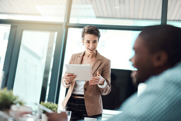 Presentation, tablet or woman in office with smile, ideas or positive reinforcement with team. Happy, speaker or tech in boardroom for workshop, seminar or feedback in company for growth or business