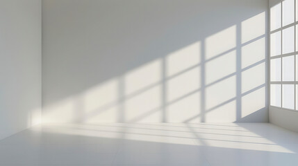 A minimalist white room with soft shadows from large windows, creating a serene and airy atmosphere for creative spaces.
