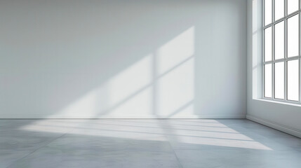 Fototapeta premium A modern, minimalistic interior space with natural light casting shadows on a clean, white wall and concrete floor.