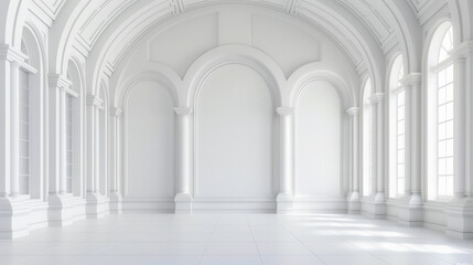 Fototapeta premium A spacious, elegant interior featuring white walls, grand arches, and abundant natural light for a serene atmosphere.