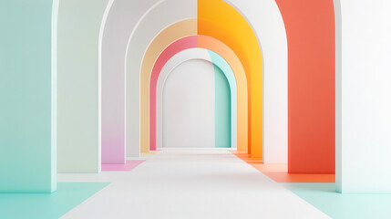 A vibrant hallway featuring colorful arches and a minimalist design, perfect for artistic and modern backgrounds.