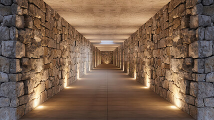 A spacious corridor featuring rustic stone walls and ambient lighting, creating a serene and inviting atmosphere.