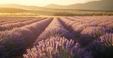 Obraz premium Lavender Field at Sunset: Rows of fragrant lavender bloom beneath a breathtaking sunset, capturing the essence of peace, tranquility, and the stunning beauty of nature.