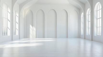 Bright, spacious interior with arched windows and smooth wooden floor, perfect for events or artistic photography.