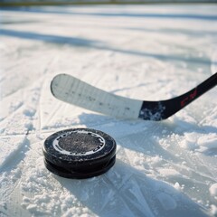 A close-up of a hockey stick and puck resting on a frosty ice surface, capturing the spirit of...