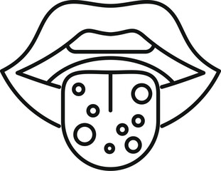 Line art icon of a mouth with its tongue sticking out covered in spots depicting oral thrush