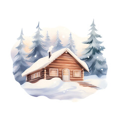 Cozy wooden cabin covered in snow with pine trees in the background. Winter wonderland scenery perfect for holiday themes and seasonal greetings.