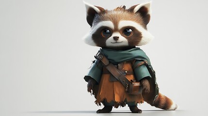 A cute cartoon raccoon wearing a green cloak and a brown leather bag, standing on a white background.