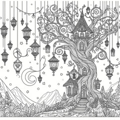 Obraz premium A tall, twisted tree with a whimsical house nestled