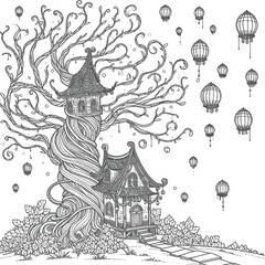 Naklejka premium A tall, twisted tree with a whimsical house nestled vector