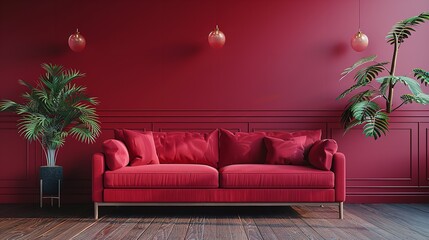 Obraz premium Modern interior design of red color with velvet sofa