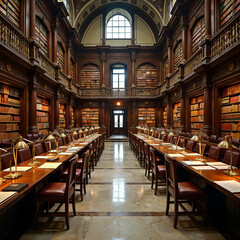 Obraz premium Historical Library Interior with Rows of Wooden Bookshelves and Tables