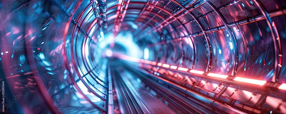 Poster a vibrant tunnel illuminated with neon lights, showcasing a futuristic and dynamic atmosphere for im