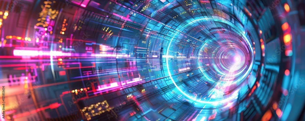 Aufkleber vibrant digital tunnel with glowing lights, creating a sense of depth and motion in a futuristic env