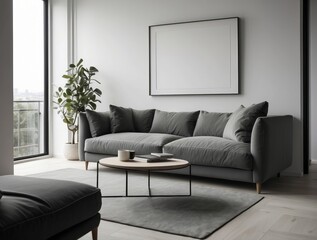 Grey Sofa in a Modern Living Room with a Blank Canvas Frame