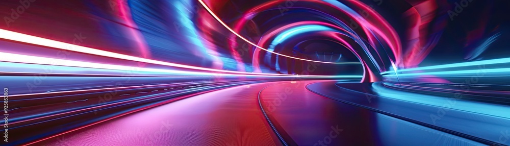 Poster vibrant neon tunnel with dynamic light trails creating a futuristic atmosphere. perfect for tech or 