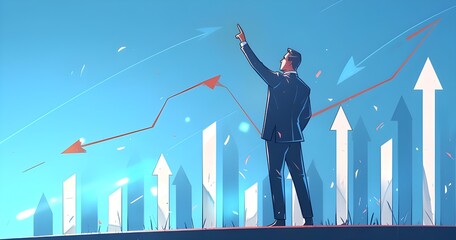 Businessman touching upward arrow on graph with hand, representing business growth.