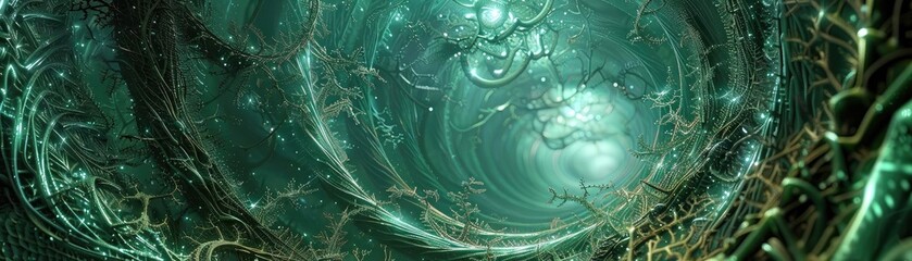 A mesmerizing abstract design featuring swirling patterns and luminous textures in shades of green and teal, evoking a sense of depth.