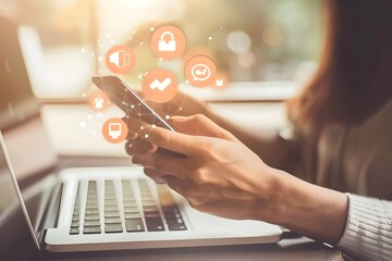 Close up of a woman's hand on a laptop and smartphone with social media icons floating above.