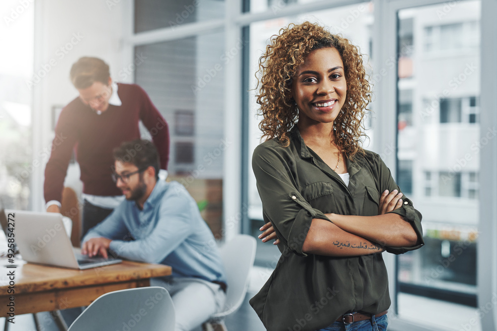 Poster Portrait, business and woman with arms crossed, smile or happy with pride, creative or confidence. Face, startup or employee with coworkers in background, career ambition or agency for graphic design