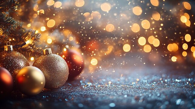 Golden Christmas Baubles: A festive backdrop with sparkling bokeh lights, glistening snow, and golden and red Christmas baubles, creating a warm and inviting atmosphere for the holiday season.