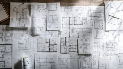  A planning board completely covered with architectural blueprints, floor plans, and concept drawings, illustrating various stages of design from concept to detailed layouts