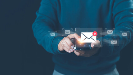 Email marketing concept, Human touch on email and surfing the internet with email icon, email icon, e-mail communication, e-mail marketing concept, send e-mail or news letter, online working internet.