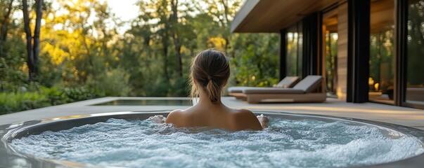 Person soaking in an outdoor hot tub, surrounded by nature, with chic modern amenities, Selfcare, luxury retreat