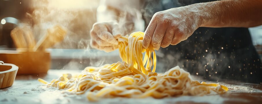 Person unwinding by making homemade pasta in a sunlit kitchen, savoring the tactile process, Relaxation, tactile cooking activity