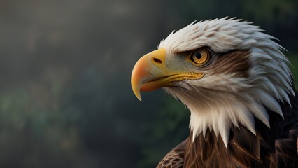 Obraz premium Close up profile of a majestic bald eagle in a forest setting