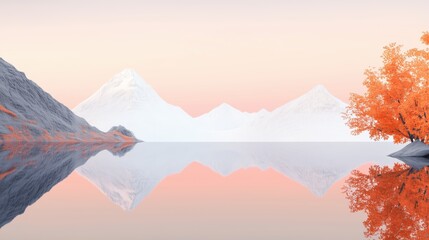 Serene Mountain Landscape with Snow-Capped Peaks and Autumn Trees Reflecting in a Tranquil Lake at Sunrise