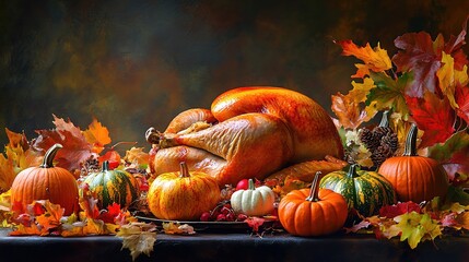 Harvest Feast: A bountiful table, laden with a roasted turkey, inviting pumpkins, and vibrant autumn foliage, embodies the spirit of harvest celebrations.