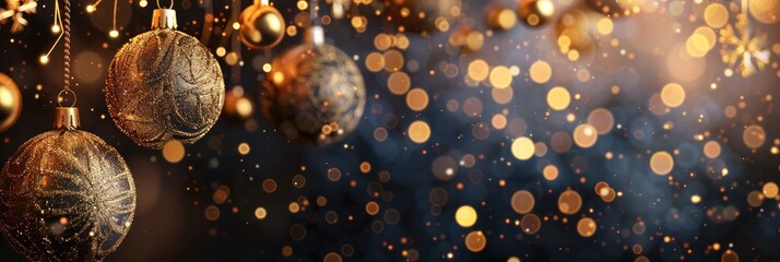 A luxurious design with hanging golden ornaments and twinkling lights along the top edge, providing a sophisticated backdrop for a Christmas sale announcement